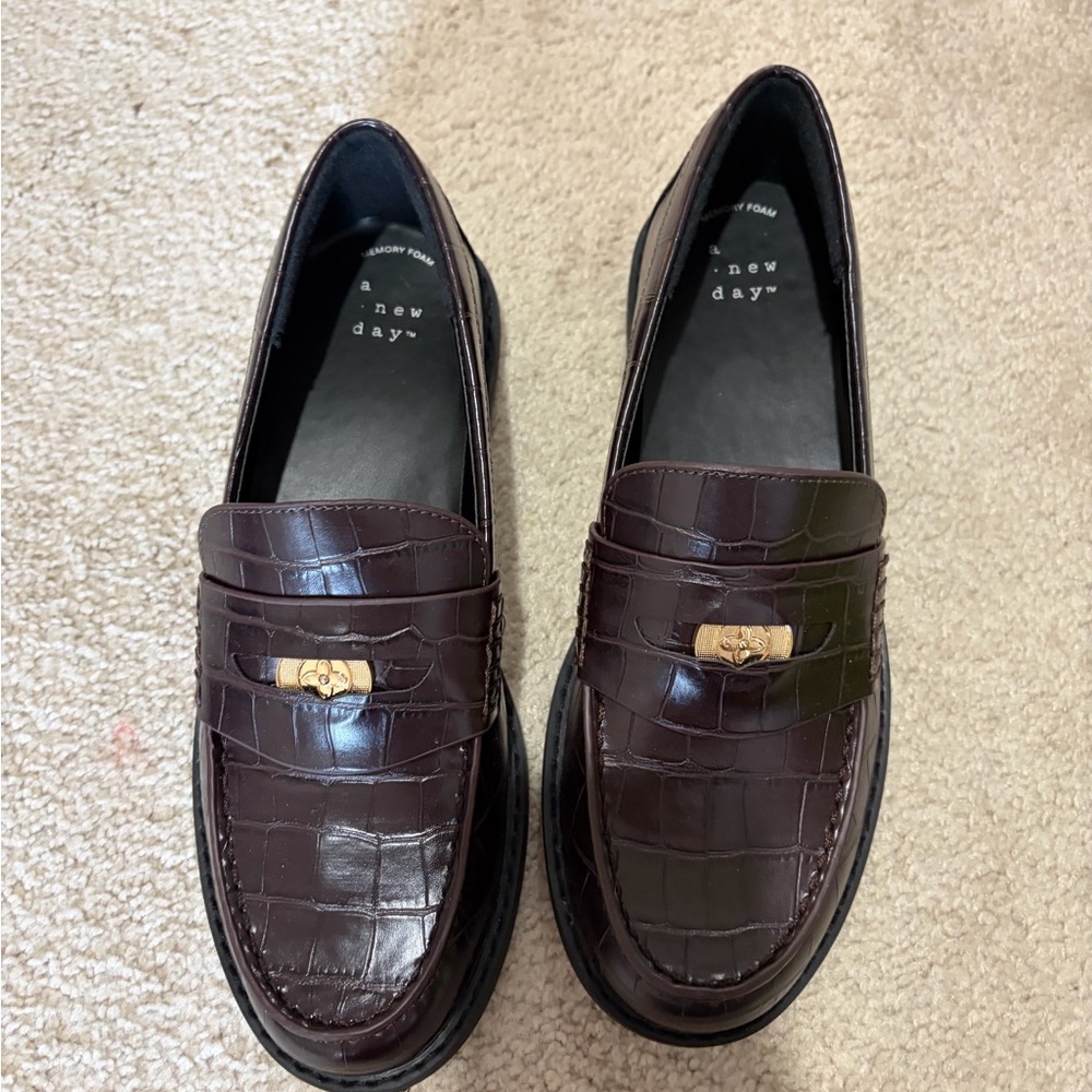 a new day Dark Brown Croc-Embossed Loafers with Gold Accent